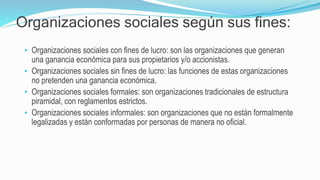 Organizaciones sociales según sus fines:
• Organizaciones sociales con fines de lucro: son las organizaciones que generan
una ganancia económica para sus propietarios y/o accionistas.
• Organizaciones sociales sin fines de lucro: las funciones de estas organizaciones
no pretenden una ganancia económica.
• Organizaciones sociales formales: son organizaciones tradicionales de estructura
piramidal, con reglamentos estrictos.
• Organizaciones sociales informales: son organizaciones que no están formalmente
legalizadas y están conformadas por personas de manera no oficial.
 