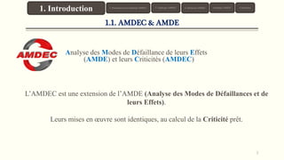 L’AMDEC est une extension de l’AMDE (Analyse des Modes de Défaillances et de
leurs Effets).
Leurs mises en œuvre sont identiques, au calcul de la Criticité prêt.
Analyse des Modes de Défaillance de leurs Effets
(AMDE) et leurs Criticités (AMDEC)
3
1. Introduction 3. Typologie AMDEC 4. Démarche AMDEC Exemples AMDEC Conclusion2. Présentation de la Méthode AMDEC
1.1. AMDEC & AMDE
 
