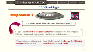 8
2.2. Méthodologie
AMDEC
S'appuyant sur un raisonnement
Inductif (causes à effets),
Il s’agit d’une méthode d'analyse de systèmes (systèmes au sens large composés
d'éléments fonctionnels ou physiques, matériels, logiciels, humains...),
Un outil d’étude Sûreté de Fonctionnement (SdF).
1. Introduction 3. Typologie AMDEC 4. Démarche AMDEC 6. Conclusion
2. Présentation AMDEC 5. Exemples AMDEC
Pour l'étude organisée des Causes, des Effets des
défaillances et de leur Criticité.
 
