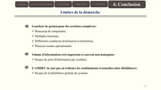 Limites de la démarche
Lourdeur de gestion pour des systèmes complexes:
 Beaucoup de composants,
 Multiples fonctions,
 Différentes conditions d'utilisation et d'entretien,
 Plusieurs modes opérationnels.
Volume d'informations très important et souvent non homogène:
 Risque de perte d'information par synthèse.
L'AMDEC ne met pas en évidence les combinaisons éventuelles entre défaillances:
 Risque de la défaillance globale du système.
1. Introduction 3. Typologie AMDEC
6. Conclusion
4. DémarcheAMDEC
2. Présentation de la Méthode AMDEC 5. Exemples AMDEC
32
 
