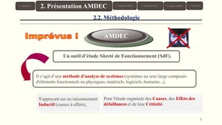 8
2.2. Méthodologie
AMDEC
S'appuyant sur un raisonnement
Inductif (causes à effets),
Il s’agit d’une méthode d'analyse de systèmes (systèmes au sens large composés
d'éléments fonctionnels ou physiques, matériels, logiciels, humains...),
Un outil d’étude Sûreté de Fonctionnement (SdF).
1. Introduction 3. Typologie AMDEC 4. Démarche AMDEC 6. Conclusion
2. Présentation AMDEC 5. Exemples AMDEC
Pour l'étude organisée des Causes, des Effets des
défaillances et de leur Criticité.
 