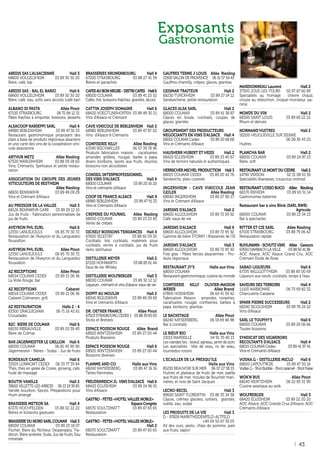 43
Exposants
Gastronomie
ABEDIS SAS L’ALSACIENNE Hall 3
68600 VOLGELSHEIM 03 89 30 30 20
Bière, café, bar
ABEDIS SAS - BAL EL BARIO Hall 6
68600 VOLGELSHEIM 03 89 30 30 20
Bière, café, eau, softs sans alcools (café bar)
ALBANO DI PASTA Allée Pinot
67100 STRASBOURG 06 72 84 12 31
Pâtes fraiches à emporter, boissons, desserts
ALSACOOP RABSEPPI SARL Hall 4
68980 BEBLENHEIM 03 89 47 91 33
Restaurant gastronomique proposant des
plats à base de produits régionaux alsaciens
et une carte des vins de la coopération vini-
cole alsacienne
ARTHUR METZ Allée Riesling
67520 MARLENHEIM 03 88 59 28 60
Vins, Crémants, Spiritueux et petite restau-
ration
ASSOCIATION DU GROUPE DES JEUNES
VITICULTEURS DE BESTHEIM
Allée Riesling
68630 BENNWIHR 03 89 49 09 29
Vins et Crémant d’Alsace
AU PRESSOIR DE LA VALLEE Hall 3
68126 BENNWIHR GARE 03 89 29 12 10
Jus de fruits - Fabrication personnalisée de
jus de fruits
AVEYRON PHL EURL Hall 6
12350 LANUEJOULS 06 85 70 30 72
Restauration de l’Aveyron et du Languedoc
Roussillon
AVEYRON PHL EURL Allée Pinot
12350 LANUEJOULS 06 85 70 30 72
Restauration de l’Aveyron et du Languedoc
Roussillon
AZ RECEPTIONS Allée Pinot
68014 COLMAR CEDEX 03 89 21 06 36
La Voile Rouge, bar
AZ RECEPTIONS Cabaret
68014 COLMAR CEDEX 03 89 21 06 36
Cabaret Colmarien, grill
AZ RESTAURATION Halls 2 - 4
83300 DRAGUIGNAN 06 71 16 42 61
Croustades
B2C BIERE DE COLMAR Hall 6
68150 RIBEAUVILLE 03 89 20 39 40
Bière de Colmar
BAR JÄGERMEISTER LE GRILLON Hall 6
68000 COLMAR 06 81 45 90 90
Jägermeister - Bières - Sodas - Jus de fruits
BORDEAUX CAMELIA Hall 6
33305 LORMONT CEDEX 06 33 77 39 84
Thés, thés en gelée de Corée, ginseng, café,
huile de massage
BOUTIK VANILLE Hall 2
39600VILLETTE-LES-ARBOIS 06 13 19 39 85
Vanille bourbon, Epices, Préparations pour
rhum arrangé
BRASSERIE METEOR SA Hall 4
67270 HOCHFELDEN 03 88 02 22 22
Bières et boissons gazeuses
BRASSERIE DU NORD SARL COLMAR Hall 3
68000 COLMAR 03 89 23 18 07
Fischer, Biere du Pêcheur, Desperados, Tra-
dition, Bière ambrée, Soda, Jus de fruits, Eau
minérale
BRASSERIES KRONENBOURG Hall 4
67200 STRASBOURG 03 88 27 41 59
Bières et panachés
CAFESAUBONNEGRE-DISTRICAFES Hall6
68000 COLMAR 03 89 41 25 32
Cafés, thé, boissons fraîches, granités, alcool
CATTIN JOSEPH DOMAINE Hall 6
68420 VOEGTLINSHOFFEN 03 89 49 30 21
Vins d’Alsace et Crémant
CAVE VINICOLE DE BEBLENHEIM Hall 2
68980 BEBLENHEIM 03 89 47 87 02
Vins d’Alsace & Crémants
CONFISERIE KILLY Allée Riesling
67240 BISCHWILLER 06 07 39 78 96
Produits fabrication maison : cacahuètes,
amandes grillées, nougat, barbe à papa,
divers bonbons, lacets aux fruits, shurros,
boissons non alcoolisées
CONSEIL INTERPROFESSIONNEL
DES VINS D’ALSACE Hall 4
68000 COLMAR 03 89 20 16 20
Vins et crémants d’Alsace
COOP DE FRANCE ALSACE Hall 4
68980 BEBLENHEIM 03 89 47 91 33
Vins et Crémants d’Alsace
CREPERIE DU FOURNIL Allée Riesling
68000 COLMAR 03 89 23 25 83
Vente de crêpes
DICKELY BOISSONS TENDANCES Hall 4
67600 SELESTAT 03 88 92 09 30
Cocktails, kits cocktails, matériels pour
cocktails, verres à cocktails, jus de fruits
rares, spiritueux
DISTILLERIE MEYER Hall 2
67220 HOHWARTH 03 88 85 61 44
Eaux de vie, Whisky
DISTILLERIE WOLFBERGER Hall 3
68000 COLMAR 03 89 30 12 12
Liqueurs, crémant et vins d’alsace, eaux de vie
DOPFF AU MOULIN Hall 2
68340 RIQUEWIHR 03 89 49 09 69
Vins et crémants d’Alsace
DR. OETKER FRANCE Allée Pinot
67023 STRASBOURG CEDEX 1 03 88 39 83 00
Sticks et Bretzels
ESPACE POISSON ROUGE Allée Brand
68920 WINTZENHEIM 03 89 27 00 44
Produits Brasserie
ESPACE POISSON ROUGE Hall 6
68920 WINTZENHEIM 03 89 27 00 44
Boissons diverses
FLAMME AND CO Halle aux Vins
68240 KAYSERSBERG 03 89 47 16 16
Tartes flammées
FREUDENREICH JL VINS D’ALSACE Hall 6
68420 EGUISHEIM 03 89 24 96 91
Vins d’Alsace
GASTRO - FETES «HOTELVALLEE NOBLE»
Espace Congrès
68570 SOULTZMATT 03 89 47 65 65
Restauration
GASTRO - FETES «HOTELVALLEE NOBLE»
Hall 2
68570 SOULTZMATT 03 89 47 65 65
Restauration
GAUFRES TERME J LOUIS Allée Riesling
13300 SALON DE PROVENCE 06 31 57 54 43
Gauffres chantilly, crêpes, glaces, granitas
GEISMAR TRAITEUR Hall 2
68230 TURCKHEIM 03 89 27 14 12
Sandwicherie, petite restauration
GLACES ALSA SARL Hall 2
68000 COLMAR 03 89 41 38 87
Glaces en boule, cocktails, coupes de
glaces, granités
GROUPEMENT DES PRODUCTEURS
NEGOCIANTS EN VINS D’ALSACE Hall 4
68001 COLMAR Cedex 03 89 20 68 68
Vins et Crémants d’Alsace
HAUSHERR HUBERT ET HEIDI Hall 2
68420 EGUISHEIM 03 89 23 40 67
Vins de terroirs naturels et authentiques
HERRSCHER MICHEL PRODUCTION Hall 3
68015 COLMAR CEDEX 03 89 20 42 76
Sandwichs, plats cuisinés
INGERSHEIM - CAVE VINICOLE JEAN
GEILER Allée Riesling
68040 INGERSHEIM 03 89 27 90 27
Vins et Crémant d’Alsace
JARDINS D’ALSACE Hall 2
68600 ALGOLSHEIM 03 89 72 95 92
Café, eaux de vie
JARDINS D’ALSACE Hall 6
68600 ALGOLSHEIM 03 89 72 95 92
Gamme de bière STORKY / Brasseries de l’Ill
JARDINS D’ALSACE Hall 3
68600 ALGOLSHEIM 03 89 72 95 92
Foie gras - Pâtes farcies alsaciennes - Pro-
duits régionaux
RESTAURANT JY’S Halle aux Vins
68000 COLMAR
Restaurantgastronomique,cuisinedumonde
CONFISERIE KILLY OLIVIER-MAISON
WEBER Allée Brand
67800 HOENHEIM 06 64 41 59 42
Fabrication Maison : amandes, noisettes,
cacahuetes, nougat, confiseries, barbes à
papa, bonbons, granitas
LE BACKSTAGE Allée Pinot
68240 KAYSERSBERG 06 18 69 46 98
Bar à cocktails
LE BŒUF BIO Halle aux Vins
13013 MARSEILLE 04 91 70 40 13
Les viandes bio : boeuf, agneau, jarret de porc
Les spécialités : tête de veau, ris de veau,
tournedos rossini
L’ECAILLER DE LA PRESQU’ILE
Halle aux Vins
85230 BEAUVOIR SUR MER 06 07 27 38 15
Huitres et plateaux de fruits de mer, paëlla
aux fruits de mer, moules de Bouchet mari-
nières, et noix de Saint Jacques
LECRO-BECEL Hall 3
89600 SAINT FLORENTIN 03 86 35 34 38
Glaces, crêmes glacées, sorbets, granités,
oublis, eau, sodas
LES PRODUITS DE LA VIE Hall 3
D - 97828 MARKTHEIDENFELD-ALTFELD
+49 04 50 67 39 03
Ail des ours, pesto, chips de pomme, pain
aux fruits, sapori
MARIDONNEAU Laurent Hall 2
37300 JOUE-LES-TOURS 02 47 67 60 89
Spécialités au fromage : chèvre chaud,
croute au reblochon, croque-monsieur, pa-
ninis
MONDE DU VIN Hall 2
68300 SAINT LOUIS 03 89 69 22 22
Rhum et dérivés
NORMAND’HUITRES Hall 2
50200 HEUGUEVILLE SUR SIENNE
06 08 36 43 25
Huîtres
PLANCHA BAR Hall 2
68000 COLMAR 03 89 24 97 23
Bière, soft
RESTAURANTLE MONTDU CEDRE Hall 2
14790 VERSON 02 31 08 01 39
Spécialités libanaises, couscous oriental
RESTAURANTL’OSSO BUCO Allée Riesling
68170 RIXHEIM 03 89 65 51 14
Gastronomie italienne
Restaurant bar à vins Blink (SARL BWB)
Agricole
68000 COLMAR 03 89 23 34 23
Bar à spectacles
RITTER ET CIE SARL Allée Riesling
67100 STRASBOURG 03 88 79 06 42
Restauration rapide
RUHLMANN - SCHUTZVINS Allée Gewurz
67650 DAMBACH LAVILLE 03 88 92 41 86
AOC Alsace, AOC Alsace Grand Cru, AOC
Crémant Etoile de Rose
SABAO LIQUEURS Hall 6
67370 WILLGOTTHEIM 03 88 85 00 69
Liqueurs aux oeufs, cocktails, sirops à l’eau
SAVEURS DES TERROIRS Hall 4
11100 NARBONNE 06 75 69 82 32
Charcuterie Catalane
SPARR PIERRE SUCCESSEURS Hall 2
68240 SIGOLSHEIM 03 89 78 24 22
Vins d’Alsace
SARL LE TOUPHY’S Hall 6
68000 COLMAR 03 89 29 06 66
Toutes boissons
SYNDICAT DES VIGNERONS
RECOLTANTS D’ALSACE Hall 4
68015 COLMAR Cedex 03 89 41 97 41
Vins et Crémants d’Alsace
VODKA.G - DISTILLERIE MICLO Hall 6
68650 LAPOUTROIE 03 89 47 50 16
Vodka.G-ShotBubble-Shotcaramel-ShotFraise
WOK’N BUS Allée Pinot
68240 KIENTZHEIM 06 22 85 51 90
Cuisine asiatique au wok
WOLFBERGER Hall 3
68420 EGUISHEIM 03 89 22 20 20
AOC Alsace, AOC Grands Crus d’Alsace, AOC
Crémants d’Alsace
 