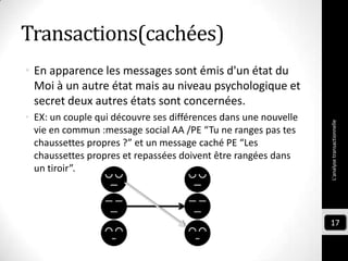 Transactions(cachées)
• En apparence les messages sont émis d'un état du
Moi à un autre état mais au niveau psychologique et
secret deux autres états sont concernées.
• EX: un couple qui découvre ses différences dans une nouvelle
vie en commun :message social AA /PE “Tu ne ranges pas tes
chaussettes propres ?” et un message caché PE “Les
chaussettes propres et repassées doivent être rangées dans
un tiroir”.
L'analysetransactionnelle
17
 