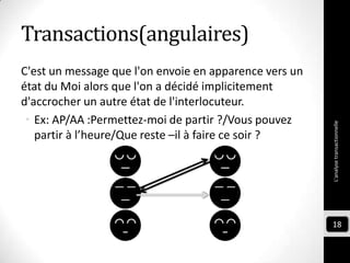 Transactions(angulaires)
C'est un message que l'on envoie en apparence vers un
état du Moi alors que l'on a décidé implicitement
d'accrocher un autre état de l'interlocuteur.
• Ex: AP/AA :Permettez-moi de partir ?/Vous pouvez
partir à l’heure/Que reste –il à faire ce soir ?
L'analysetransactionnelle
18
 