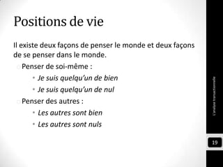 Positions de vie
Il existe deux façons de penser le monde et deux façons
de se penser dans le monde.
oPenser de soi-même :
• Je suis quelqu’un de bien
• Je suis quelqu’un de nul
oPenser des autres :
• Les autres sont bien
• Les autres sont nuls
L'analysetransactionnelle
19
 