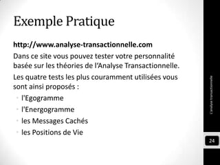 Exemple Pratique
http://www.analyse-transactionnelle.com
Dans ce site vous pouvez tester votre personnalité
basée sur les théories de l‘Analyse Transactionnelle.
Les quatre tests les plus couramment utilisées vous
sont ainsi proposés :
• l'Egogramme
• l'Energogramme
• les Messages Cachés
• les Positions de Vie
L'analysetransactionnelle
24
 