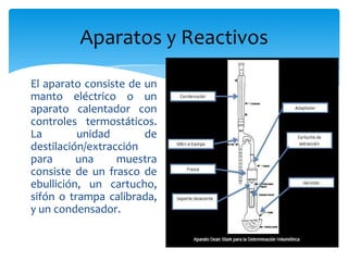 El aparato consiste de un manto eléctrico o un aparato calentador con controles termostáticos. La unidad de destilación/extracción para una muestra consiste de un frasco de ebullición, un cartucho, sifón o trampa calibrada, y un condensador.Aparatos y Reactivos