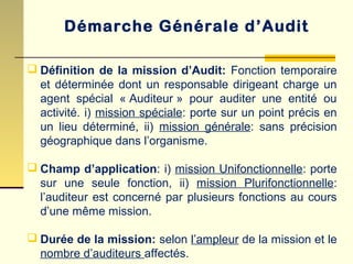 Démarche Générale d’Audit
 Définition de la mission d’Audit: Fonction temporaire
et déterminée dont un responsable dirigeant charge un
agent spécial « Auditeur » pour auditer une entité ou
activité. i) mission spéciale: porte sur un point précis en
un lieu déterminé, ii) mission générale: sans précision
géographique dans l’organisme.
 Champ d’application: i) mission Unifonctionnelle: porte
sur une seule fonction, ii) mission Plurifonctionnelle:
l’auditeur est concerné par plusieurs fonctions au cours
d’une même mission.
 Durée de la mission: selon l’ampleur de la mission et le
nombre d’auditeurs affectés.
 