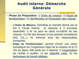 Audit interne: Démarche
Générale
 Phase de Préparation: i) Ordre de mission, ii) Etape de
familiarisation, iii) Identification et l’évaluation des risques.
 L’Ordre de Mission: formalise le mandat donné par le
DG à l’Audit Interne et réponds à 3 principes
essentiels: i) AI ne peut se saisir lui-même de ses
mission, ii) l’OM doit émaner d’une autorité compétente
(DG, CA,..), iii) informer tous les responsables
concernés.
 Etape de Familiarisation: permet d’avoir une vision
synoptique sur l’organisme objet de la mission et le CI
mis en place. Elle porte sur 3 aspects: i) l’organisation
de l’entité à auditer, ii) les objectifs visés, iii) les
techniques de travail utilisées.
 