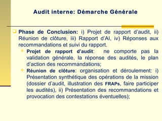  Phase de Conclusion: i) Projet de rapport d’audit, ii)
Réunion de clôture, iii) Rapport d’AI, iv) Réponses aux
recommandations et suivi du rapport.
 Projet de rapport d’audit: ne comporte pas la
validation générale, la réponse des audités, le plan
d’action des recommandations;
 Réunion de clôture: organisation et déroulement: i)
Présentation synthétique des opérations de la mission
(dossier d’audit, illustration des FRAPs, faire participer
les audités), ii) Présentation des recommandations et
provocation des contestations éventuelles);
Audit interne: Démarche Générale
 
