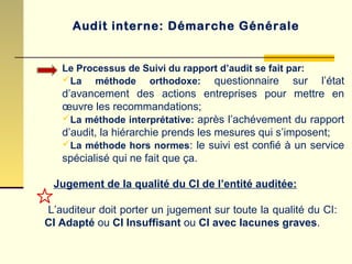Le Processus de Suivi du rapport d’audit se fait par:
La méthode orthodoxe: questionnaire sur l’état
d’avancement des actions entreprises pour mettre en
œuvre les recommandations;
La méthode interprétative: après l’achévement du rapport
d’audit, la hiérarchie prends les mesures qui s’imposent;
La méthode hors normes: le suivi est confié à un service
spécialisé qui ne fait que ça.
Jugement de la qualité du CI de l’entité auditée:
L’auditeur doit porter un jugement sur toute la qualité du CI:
CI Adapté ou CI Insuffisant ou CI avec lacunes graves.
Audit interne: Démarche Générale
 