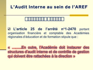 L’Audit Interne au sein de l’AREF
‫ي‬‫ي‬‫ي‬‫ي‬‫ي‬‫ي‬‫ي‬‫ي‬‫ي‬‫ي‬‫ي‬‫ي‬‫ي‬‫ي‬
 