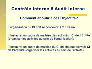 Comment aboutir à ces Objectifs?
L’organisation du CI doit se concevoir à 2 niveaux:
Instaurer un cadre de maitrise des activités: CI de l’Entité
(organiser les activités au sein de l’organisation);
Instaurer un cadre de maitrise du CI de chaque activité: CI
de l’activité (organiser les activités au sein de l’activité)
Contrôle Interne # Audit Interne
 