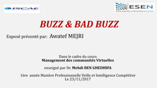 BUZZ & BAD BUZZ
Exposé présenté par: Awatef MEJRI
Dans le cadre du cours
Management des communités Virtuelles
enseigné par Dr. Mehdi BEN GHEDHIFA
1ère année Mastère Professionnelle Veille et Intelligence Compétitve
Le 23/11/2017
 
