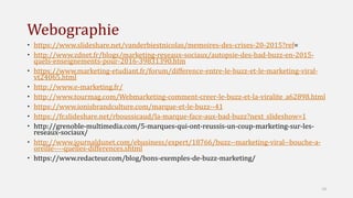 Webographie
 https://www.slideshare.net/vanderbiestnicolas/memoires-des-crises-20-2015?ref=
 http://www.zdnet.fr/blogs/marketing-reseaux-sociaux/autopsie-des-bad-buzz-en-2015-
quels-enseignements-pour-2016-39831390.htm
 https://www.marketing-etudiant.fr/forum/difference-entre-le-buzz-et-le-marketing-viral-
vt24065.html
 http://www.e-marketing.fr/
 http://www.tourmag.com/Webmarketing-comment-creer-le-buzz-et-la-viralite_a62898.html
 https://www.ionisbrandculture.com/marque-et-le-buzz--41
 https://fr.slideshare.net/rboussicaud/la-marque-face-aux-bad-buzz?next_slideshow=1
 http://grenoble-multimedia.com/5-marques-qui-ont-reussis-un-coup-marketing-sur-les-
reseaux-sociaux/
 http://www.journaldunet.com/ebusiness/expert/18766/buzz--marketing-viral--bouche-a-
oreille----quelles-differences.shtml
 https://www.redacteur.com/blog/bons-exemples-de-buzz-marketing/
18
 