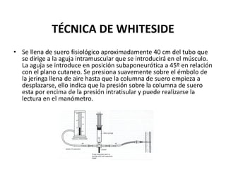 TÉCNICA DE WHITESIDE
• Se llena de suero fisiológico aproximadamente 40 cm del tubo que
  se dirige a la aguja intramuscular que se introducirá en el músculo.
  La aguja se introduce en posición subaponeurótica a 45º en relación
  con el plano cutaneo. Se presiona suavemente sobre el émbolo de
  la jeringa llena de aire hasta que la columna de suero empieza a
  desplazarse, ello indica que la presión sobre la columna de suero
  esta por encima de la presión intratisular y puede realizarse la
  lectura en el manómetro.
 