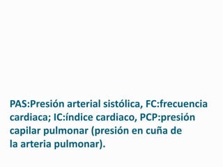 PAS:Presión arterial sistólica, FC:frecuencia
cardiaca; IC:índice cardiaco, PCP:presión
capilar pulmonar (presión en cuña de
la arteria pulmonar).
 