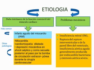 ETIOLOGIA
 Insuficiencia mitral (IM),
 Ruptura del septum
interventricular o de la
pared libre del ventrículo,
insuficiencia aórtica aguda
generalmente producida
por endocarditis bacteriana
y estenosis aórtica severa.
Daño intrínseco de la función contráctil del
músculo cardíaco
más común
Infarto agudo del miocardio
(IAM)
Otras
patologías
•Miocarditis
•cardiomiopatía dilatada
• depresión miocárdica en
shock séptico y como secuela
posterior al paso por la bomba
de circulación extracor- pórea
durante la cirugía
cardiovascular
Problemas mecánicos
 