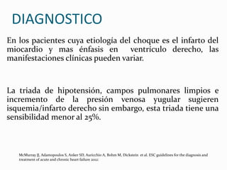 DIAGNOSTICO
En los pacientes cuya etiología del choque es el infarto del
miocardio y mas énfasis en ventrículo derecho, las
manifestaciones clínicas pueden variar.
La triada de hipotensión, campos pulmonares limpios e
incremento de la presión venosa yugular sugieren
isquemia/infarto derecho sin embargo, esta triada tiene una
sensibilidad menor al 25%.
McMurray JJ, Adamopoulos S, Anker SD, Auricchio A, Bohm M, Dickstein et al. ESC guidelines for the diagnosis and
treatment of acute and chronic heart failure 2012:
 