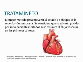 TRATAMINETO
El mejor método para prevenir el estado de choque es la
reperfusión temprana. Se considera que se salvan 132 vidas
por 1000 pacientes tratados si se restaura el flujo vascular
en las primeras 4 horas
McMurray JJ, Adamopoulos S, Anker SD, Auricchio A, Bohm M, Dickstein et al. ESC guidelines for the diagnosis and
treatment of acute and chronic heart failure 2012:
 