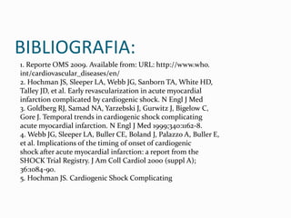 BIBLIOGRAFIA:
1. Reporte OMS 2009. Available from: URL: http://www.who.
int/cardiovascular_diseases/en/
2. Hochman JS, Sleeper LA, Webb JG, Sanborn TA, White HD,
Talley JD, et al. Early revascularization in acute myocardial
infarction complicated by cardiogenic shock. N Engl J Med
3. Goldberg RJ, Samad NA, Yarzebski J, Gurwitz J, Bigelow C,
Gore J. Temporal trends in cardiogenic shock complicating
acute myocardial infarction. N Engl J Med 1999;340:1162-8.
4. Webb JG, Sleeper LA, Buller CE, Boland J, Palazzo A, Buller E,
et al. Implications of the timing of onset of cardiogenic
shock after acute myocardial infarction: a report from the
SHOCK Trial Registry. J Am Coll Cardiol 2000 (suppl A);
36:1084-90.
5. Hochman JS. Cardiogenic Shock Complicating
 