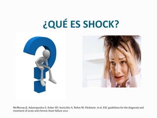 ¿QUÉ ES SHOCK?
McMurray JJ, Adamopoulos S, Anker SD, Auricchio A, Bohm M, Dickstein et al. ESC guidelines for the diagnosis and
treatment of acute and chronic heart failure 2012:
 