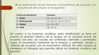  La clasificación de los fonemas consonánticos de acuerdo con
el punto de articulación es la siguiente:
Puntos de articulación Fonemas
1.- Labial /b/, /p/, /f/, /m/
2.- Dentoalveolar /n/, /d/, /t/, /s/, /r/, /rr/, /l/
3.- Palatal /y/, /ch/, /ñ/
4.- Velar /g/, /k/, /j/
En cuanto a los fonemas vocálicos, para clasificación se tiene en
cuenta la posición relativa de la lengua en la cavidad bucal. De
acuerdo con esto, las vocales son anteriores, centrales y posteriores,
según el movimiento horizontal de la lengua; y cerradas, medias y
abiertas de acuerdo con el movimiento vertical. De esta manera se
establece un triángulo que permite ubicar los fonemas vocálicos del
español.
 