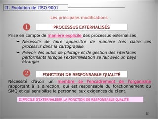 Les principales modifications PROCESSUS EXTERNALISÉS  Prise en compte de  manière explicite  des processus externalisés Nécessité de faire apparaître de manière très claire ces processus dans la cartographie Prévoir des outils de pilotage et de gestion des interfaces performants lorsque l’externalisation se fait avec un pays étranger FONCTION DE RESPONSABLE QUALITÉ  Nécessité d'avoir un  membre de l'encadrement de l'organisme  rapportant à la direction, qui est responsable du fonctionnement du SMQ et qui sensibilise le personnel aux exigences du client. DIFFICILE D’EXTERNALISER LA FONCTION DE RESPONSABLE QUALITÉ II. Evolution de l’ISO 9001 