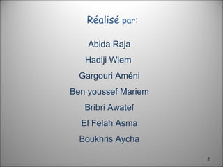 Réalisé  par: Abida Raja Hadiji Wiem  Gargouri Améni Ben youssef Mariem Bribri Awatef El Felah Asma Boukhris Aycha 