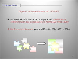 Objectifs de l’amendement de l’ISO 9001 Apporter les reformulations ou explications  améliorant la compréhension des exigences de la norme ISO 9001 :2000 , Renforcer la cohérence  avec le référentiel ISO 14001 : 2004. I. Introduction 