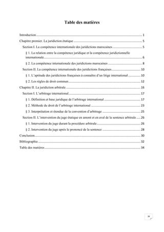 34
Table des matières
Introduction................................................................................................................................ 1
Chapitre premier. La juridiction étatique ................................................................................... 5
Section I. La compétence internationale des juridictions marocaines.................................... 5
§ 1. La relation entre la compétence juridique et la compétence juridictionnelle
internationale....................................................................................................................... 6
§ 2. La compétence internationale des juridictions marocaines ......................................... 8
Section II. La compétence internationale des juridictions françaises...................................10
§ 1. L’aptitude des juridictions françaises à connaître d’un litige international...............10
§ 2. Les règles de droit commun.......................................................................................12
Chapitre II. La juridiction arbitrale ..........................................................................................16
Section I. L’arbitrage international.......................................................................................17
§ 1. Définition et base juridique de l’arbitrage international............................................17
§ 2. Méthode du droit de l’arbitrage international ............................................................23
§ 3. Interprétation et étendue de la convention d’arbitrage ..............................................25
Section II. L’intervention du juge étatique en amont et en aval de la sentence arbitrale.....26
§ 1. Intervention du juge durant la procédure arbitrale.....................................................26
§ 2. Intervention du juge après le prononcé de la sentence ..............................................28
Conclusion................................................................................................................................30
Bibliographie............................................................................................................................32
Table des matières....................................................................................................................34
 