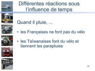 Diff é rentes réactions sous l’influence de  temps Quand il pluie, ... les Françaises ne font pas du vélo les Ta ï wanaises font du vélo et tiennent les parapluies 