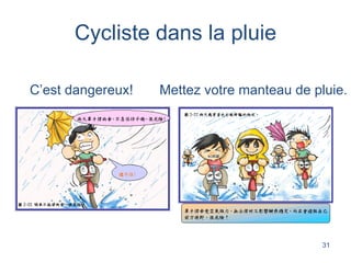 Cycliste dans la pluie C’est dangereux!   Mettez votre manteau de pluie. 