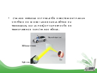 l’image virtuelle est projetée directement par un système de micro-laser sur la rétine du travailleur, qui la perçoit superposée en transparence sur l’image réelle.