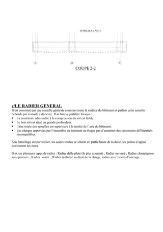 SEMELLE FILANTE
A B C
COUPE 2-2
c/LE RADIER GENERAL
Il est constitué par une semelle générale couvrant toute la surface du bâtiment et parfois cette semelle
déborde par console extérieure. Il se trouve justifiée lorsque :
 La contrainte admissible à la compression du sol est faible.
 Le bon sol est situé en grande profondeur.
 l’aire totale des semelles est supérieure à la moitié de l’aire du bâtiment.
 Les charges apportées par l’ensemble du bâtiment ne risque pas d’entraîner des tassements différentiels
incompatibles.
Son ferraillage est particulier, les aciers tendus se situent en partie haute de la dalle, les points d’appui
deviennent les murs.
Il existe plusieurs types de radier : Radier dalle plate (le plus courant) ; Radier nervuré ; Radier champignon
sous poteaux ; Radier voûté , Radier renforcé au droit de la charge, radier avec tirants d’ancrage...
 