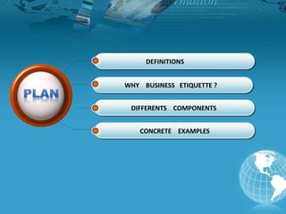 DEFINITIONS
WHY BUSINESS ETIQUETTE ?
DIFFERENTS COMPONENTS
CONCRETE EXAMPLES
 