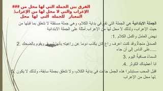 ### ‫من‬ ‫محل‬ ‫لها‬ ‫التي‬ ‫الجملة‬ ‫بين‬ ‫الفرق‬
|‫اإلعراب‬ ‫من‬ ‫لها‬ ‫محل‬ ‫ال‬ ‫والتي‬ ‫اإلعراب‬
‫محل‬ ‫لها‬ ‫التي‬ ‫للجملة‬ ‫المعيار‬
‫االبتدأيية‬ ‫الجملة‬
‫من‬ ‫قبلها‬ ‫بما‬ ‫تتعلق‬ ‫ال‬ ‫مستقلة‬ ‫جملة‬ ‫وهي‬ ،‫الكالم‬ ‫بداية‬ ‫في‬ ‫تقع‬ ‫التي‬ ‫الجملة‬ ‫هي‬
‫االبتدأيية‬ ‫الجملة‬ ‫على‬ ‫ٔامثلة‬.‫إالعراب‬ ‫من‬ ‫لها‬ ‫محل‬ ‫ال‬ ‫ولذلك‬ ،‫إالعراب‬ ‫حيث‬
:1. ‫الكالم‬ ‫واكمل‬ ‫العامل‬ ‫نهض‬
2. ‫بالضحك‬ ‫ويقوم‬ ‫تسرق‬ ‫بٔانها‬ ‫راعيته‬ ‫عن‬ ‫دوما‬ ‫يكذب‬ ‫كان‬ ‫راع‬ ‫اعرف‬ ‫كنت‬ ‫وقد‬.ٌ
‫ة‬‫منجا‬ ُ
‫الصدق‬
‫جاء‬ ‫ٔان‬ ‫ٕالى‬ ‫الناس‬ ‫على‬.....
3. ‫اليوم‬ ٌ
‫صافية‬ ُ
‫ء‬‫السما‬
.4. ‫الكوثر‬ ‫ٔاعطيناك‬ ‫انا‬
5. ‫يكون‬ ‫ال‬ ‫ولذلك‬ ،‫سابقة‬ ‫بجملة‬ ‫تتعلق‬ ‫وال‬ ،‫الكالم‬ ‫بداية‬ ‫في‬ ‫جاءت‬ ‫الجمل‬ ‫هذه‬ ‫مستبشرا‬ ‫المحب‬ ‫اقبل‬
‫إالعراب‬ ‫من‬ ‫محل‬ ‫لها‬.
 