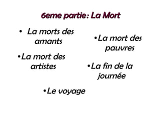 6eme partie : La Mort6eme partie : La Mort
● La morts des
amants
●La mort des
pauvres
●La mort des
artistes
●Le voyage
●La fin de la
journée
 
