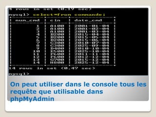 On peut utiliser dans le console tous les
requête que utilisable dans
phpMyAdmin
 