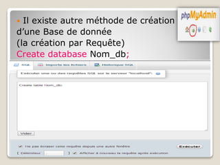 Il existe autre méthode de création
d’une Base de donnée
(la création par Requête)
Create database Nom_db;
 