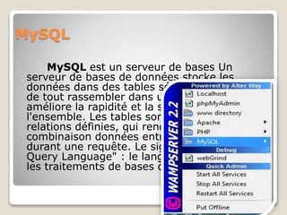 MySQL
MySQL est un serveur de bases Un
serveur de bases de données stocke les
données dans des tables séparées plutôt que
de tout rassembler dans une seule table. Cela
améliore la rapidité et la souplesse de
l'ensemble. Les tables sont reliées par des
relations définies, qui rendent possible la
combinaison données entre plusieurs tables
durant une requête. Le signifie "Structured
Query Language" : le langage standard pour
les traitements de bases de données.
 