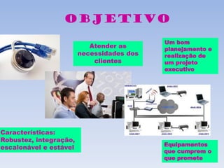 Objetivo
Características:
Robustez, integração,
escalonável e estável
Atender as
necessidades dos
clientes
Equipamentos
que cumprem o
que promete
Um bom
planejamento e
realização de
um projeto
executivo
 