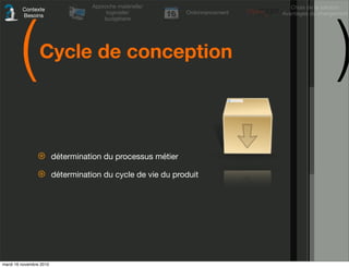 (                                                                                        )
                                    Approche matérielle/                         Choix de la solution
         Contexte
                                         logicielle/         Ordonnancement   Avantages du changement
         Besoins
                                        budgétaire




                 Cycle de conception




                ⊛        détermination du processus métier

                ⊛        détermination du cycle de vie du produit




mardi 16 novembre 2010
 