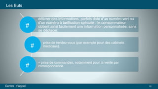délivrer des informations, parfois doté d'un numéro vert ou 
d'un numéro à tarification spéciale : le consommateur 
obtient ainsi facilement une information personnalisée, sans 
se déplacer. 
prise de rendez-vous (par exemple pour des cabinets 
médicaux). 
– prise de commandes, notamment pour la vente par 
correspondance. 
# 
Les Buts 
# 
# 
Centre d’appel 10 
 