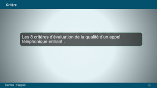 Critère 
Les 8 critères d’évaluation de la qualité d’un appel 
téléphonique entrant . 
Centre d’appel 12 
 