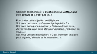 Objection téléphonique : « C’est Monsieur JAMELA qui 
s’en occupe et il n’est pas là ! » 
Pour traiter cette objection au téléphone : 
Soit nous décodons : « Comment puis-je faire ? », 
Soit nous livrons une émotion : « Cela me donne envie 
d’avoir rendez-vous avec Monsieur Jamais là, j’ai besoin de 
vous… » 
Soit nous utilisons notre joker : « C’est justement la raison 
pour laquelle j’ai envie de le rencontrer... ». 
Centre d’appel 21 
 