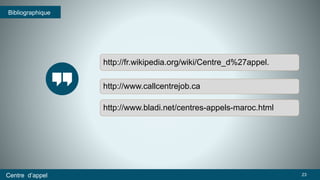 Bibliographique 
http://fr.wikipedia.org/wiki/Centre_d%27appel. 
http://www.callcentrejob.ca 
http://www.bladi.net/centres-appels-maroc.html 
Centre d’appel 23 

