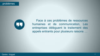 Face à ces problèmes de ressources 
humaines et de communication, Les 
entreprises délèguent le traitement des 
appels entrants pour plusieurs raisons … 
problèmes 
Centre d’appel 7 
 