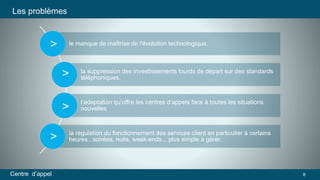 le manque de maîtrise de l'évolution technologique. 
la suppression des investissements lourds de départ sur des standards 
téléphoniques. 
l’adaptation qu’offre les centres d’appels face à toutes les situations 
nouvelles 
> 
> 
la régulation du fonctionnement des services client en particulier à certains 
heures : soirées, nuits, week-ends... plus simple à gérer. 
Les problèmes 
> 
> 
Centre d’appel 8 
 
