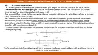 EXPOSÉ N°1: GÉNÉRALITÉS DES ASSEMBLAGES ET ASSEMBLAGE PAR LES BOULONS ORDINAIRES
1.4. Précautions constructives
Les assemblages constituent des zones particulièrement plus fragiles que les zones courantes des pièces, car les
sections sont réduites du fait des perçages. En outre, les assemblages sont soumis à des sollicitations qui peuvent
s’inverser(cas d’une poutre sous soulèvement sous le vent).
C’est pourquoi il faut être particulièrement vigilant dans la conception et le calcul des assemblages, afin de se prémunir
contre tout risque de rupture brutale.
Il est préférable, une charpente sous-dimensionnée, mais correctement assemblée qu'une charpente correctement
dimensionnée, mais mal assemblée(Dans le premier cas, la réserve de plasticité autorisera l’apparition de grandes
déformations, qui préviendront du risque possible. En revanche, dans le second cas, aucune déformation prémonitoire ne
sera observable avant la rupture brutale.) .
- Il faut proscrire tout assemblage par recouvrement simple figure(A)et utiliser un assemblage symétrique par double
couvre-joint figure(B)
En effet, dans le cas de la figure(A)la dissymétrie crée un moment de flexion parasite et l ’ensemble se déforme comme le
montre la figure suivante figure (C)
 